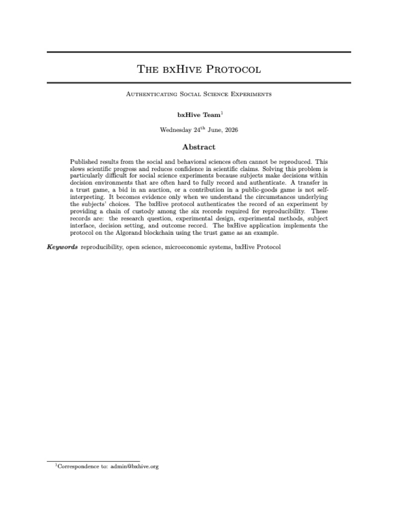 First page of the bxHive white paper, titled The bxHive Protocol